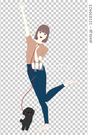 犬(トイプードル)の散歩をする女性 犬(トイプードル)の散歩をする女性 121830423