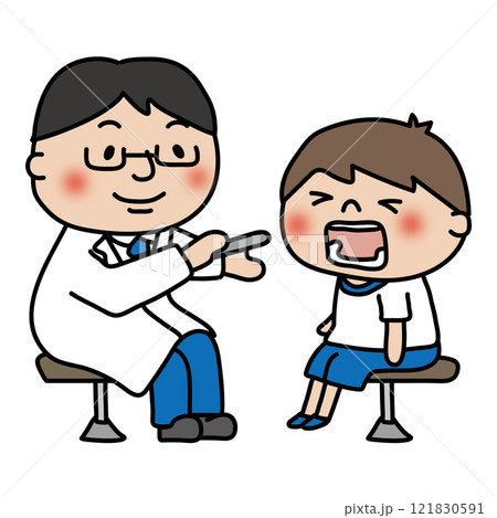 学校の健康診断で男の子の喉を診るお医者さん 学校の健康診断で男の子の喉を診るお医者さん 121830591