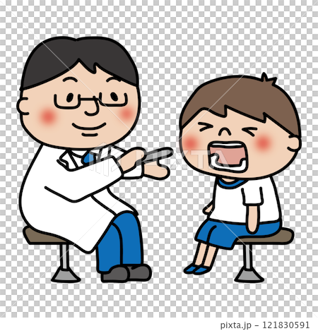 学校の健康診断で男の子の喉を診るお医者さん 学校の健康診断で男の子の喉を診るお医者さん 121830591