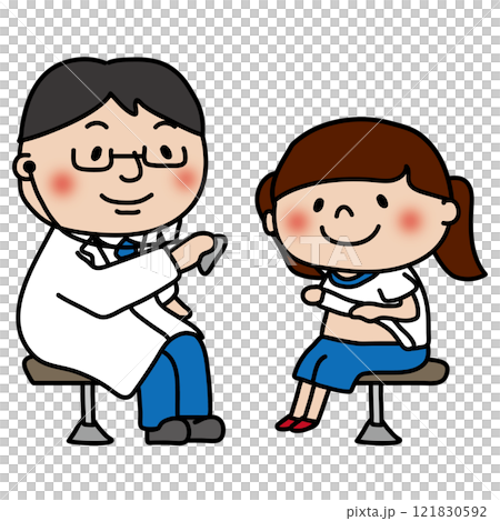 A doctor auscultating a girl during a school health check 121830592