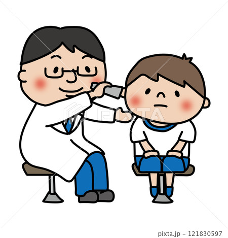 学校の健康診断で男の子の耳を検査するお医者さん 121830597
