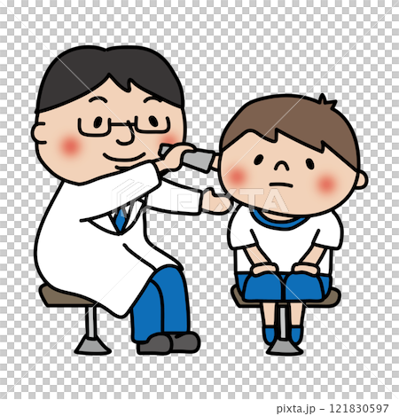 学校の健康診断で男の子の耳を検査するお医者さん 121830597