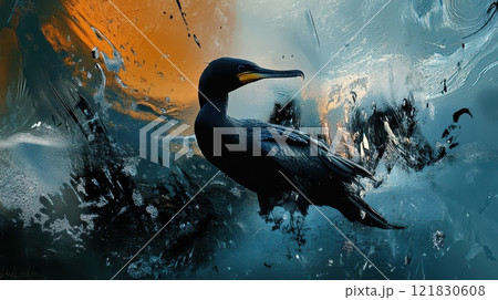 Cormorant gliding in sunset waters 121830608
