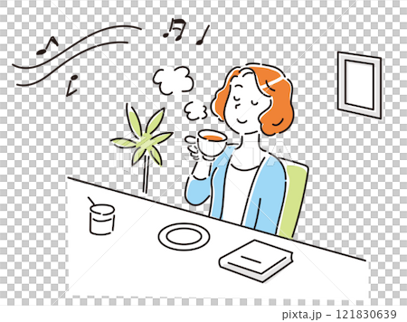 年輕女子在咖啡館放鬆聽音樂喝茶 121830639