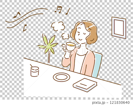 年輕女子在咖啡館放鬆聽音樂喝茶 年輕女子在咖啡館放鬆聽音樂喝茶 121830640