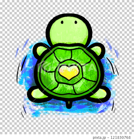 Cartoon turtle swimming illustration, cute turtle in water doodle textured color drawing 121830768
