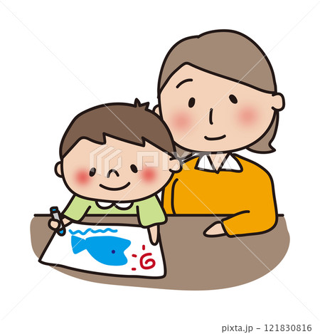 お絵描きする息子と見守るママ 121830816