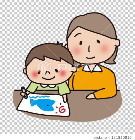 お絵描きする息子と見守るママ 121830816