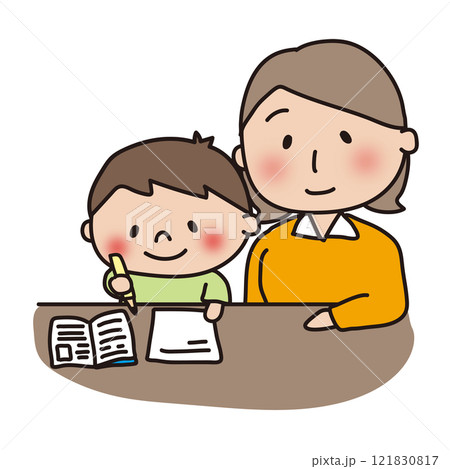 勉強する息子と見守るママ 勉強する息子と見守るママ 121830817