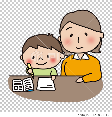 勉強する息子と見守るママ 勉強する息子と見守るママ 121830817