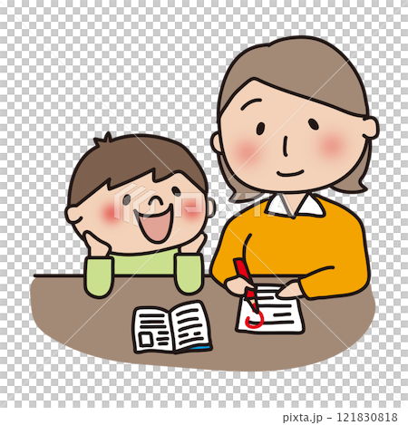 息子の勉強の採点をするママ 息子の勉強の採点をするママ 121830818