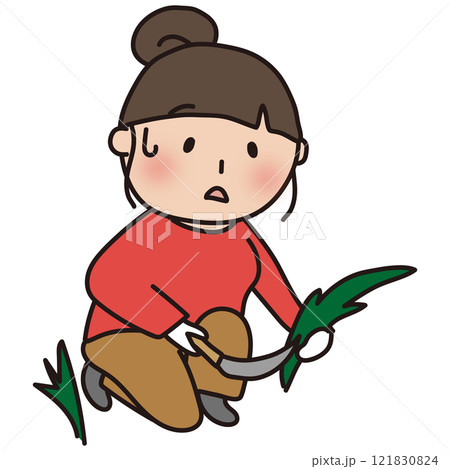 帽子をかぶらず草刈りをするお団子の女性 帽子をかぶらず草刈りをするお団子の女性 121830824