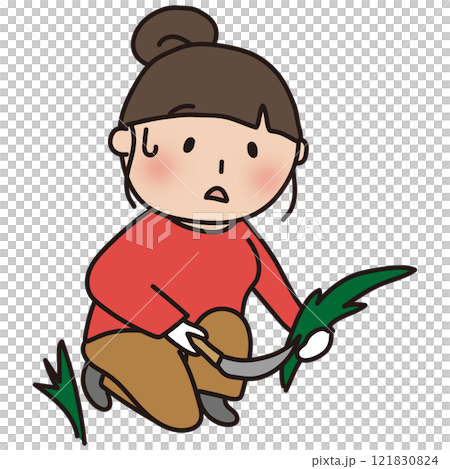 帽子をかぶらず草刈りをするお団子の女性 帽子をかぶらず草刈りをするお団子の女性 121830824
