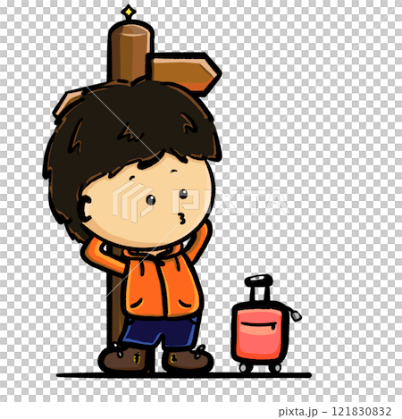 Cartoon boy standing and waiting illustration, travel and waiting drawing Cartoon boy standing and waiting illustration, travel and waiting drawing 121830832