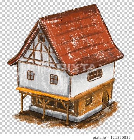 Artistic textured cabin isolated illustration, red roof cabin detailed drawing, wooden house graphic 121830833