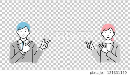 男性和女性商務人士指著複製空間的插圖 121831150