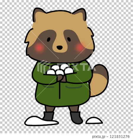 一隻浣熊穿著冬衣打雪仗，正在打雪仗 121831276