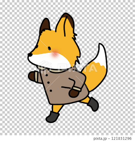 A fox running in a collared coat in winter 121831296