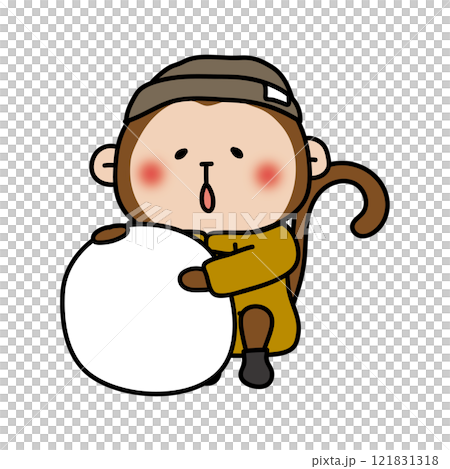 冬服で雪だるまをつくる猿 121831318