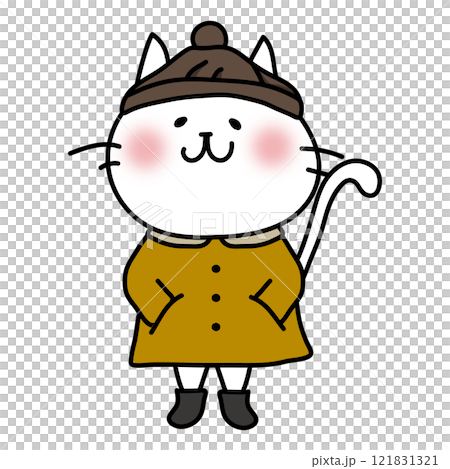 襟付きコートを着た冬服の白い猫 121831321