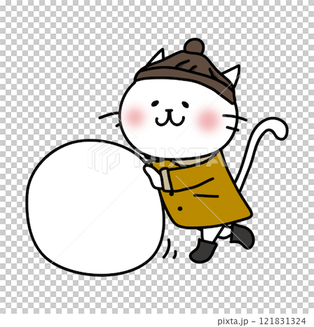 White cat making a snowman in winter clothes White cat making a snowman in winter clothes 121831324