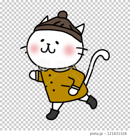 冬天，一隻白貓穿著有領外套奔跑 121831326