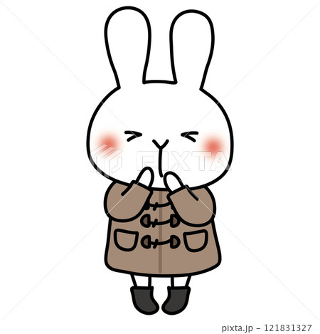 ダッフルコートを着た冬服の白いうさぎ 121831327