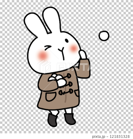 一隻小白兔穿著冬季服裝打雪仗 121831328