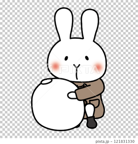 White rabbit making a snowman in winter clothes 121831330