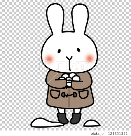 White rabbit in winter clothes making a snowball for a snowball fight 121831331