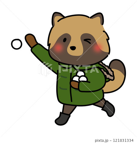 冬服を着て雪合戦をするタヌキ 121831334