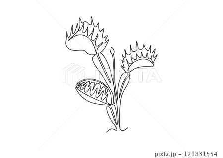 Single one line drawing of beauty fresh venus flytrap for home decor wall art poster print. Decorative dionaea muscipula plant for monster creature. Continuous line design graphic vector illustration 121831554