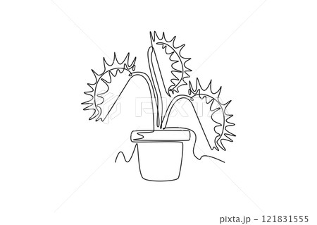 Single one line drawing scary fresh venus flytrap for garden logo. Decorative of dionaea muscipula concept for home art wall decor poster print. Continuous line draw design graphic vector illustration 121831555