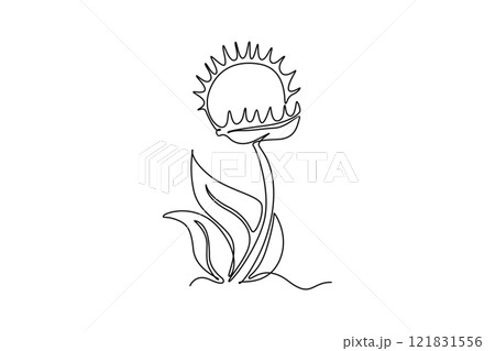Single one line drawing beauty fresh venus flytrap for home wall decor art poster print. Decorative of dionaea muscipula for video game enemy. Continuous line draw design graphic vector illustration 121831556