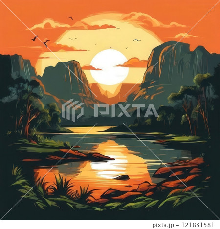 the AI Image Generator, Sunset Over Tranquil River with Forest Landscape and Mountain View 121831581