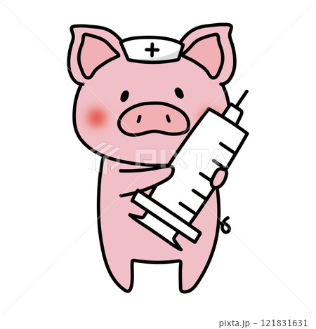 大きな注射器を持っているナースキャップをかぶったぶた 121831631