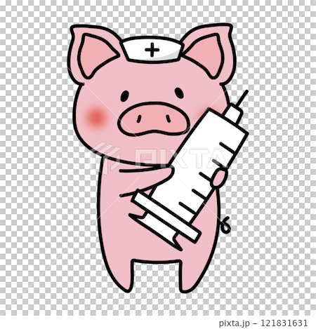 大きな注射器を持っているナースキャップをかぶったぶた 121831631