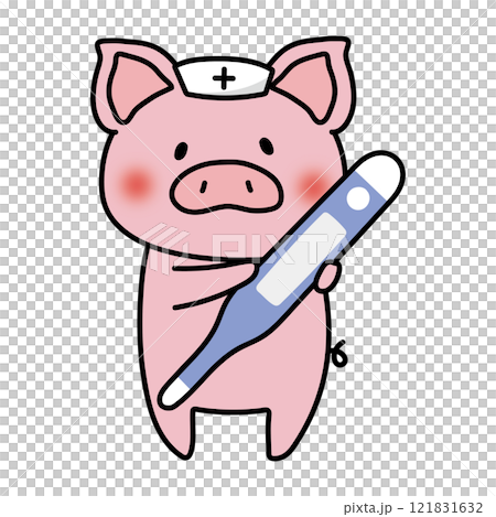 大きな体温計を持っているナースキャップをかぶったぶた 121831632