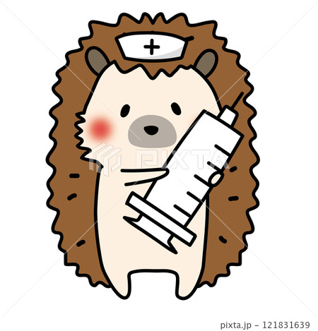 大きな注射器を持っているナースキャップをかぶったハリネズミ 121831639