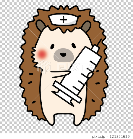 大きな注射器を持っているナースキャップをかぶったハリネズミ 121831639