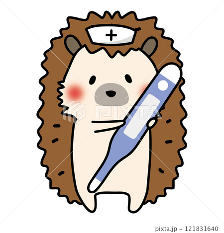 大きな体温計を持っているナースキャップをかぶったハリネズミ 121831640