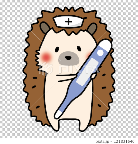 大きな体温計を持っているナースキャップをかぶったハリネズミ 121831640