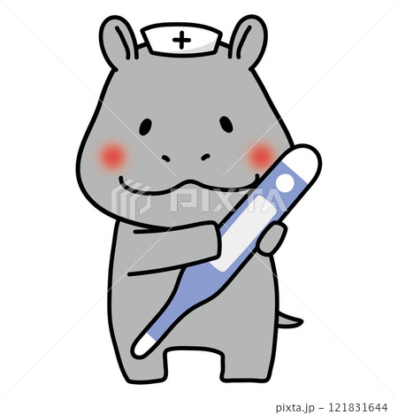 大きな体温計を持っているナースキャップをかぶったカバ 121831644
