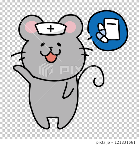 薬の説明をするナースキャップをかぶったネズミ 121831661