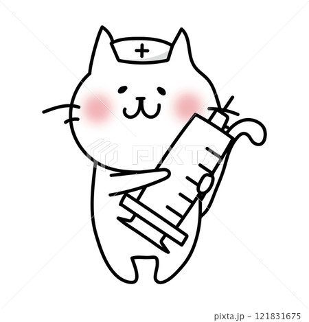 大きな注射器を持っているナースキャップをかぶった白い猫 121831675