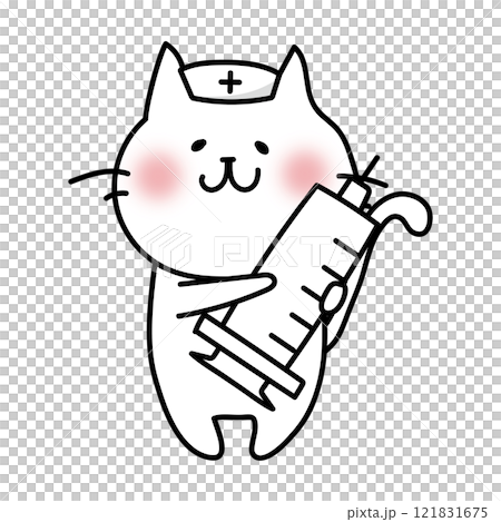 大きな注射器を持っているナースキャップをかぶった白い猫 121831675
