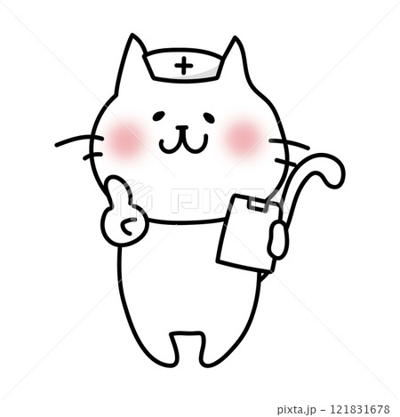 ナースキャップをかぶってアドバイスする白い猫 121831678