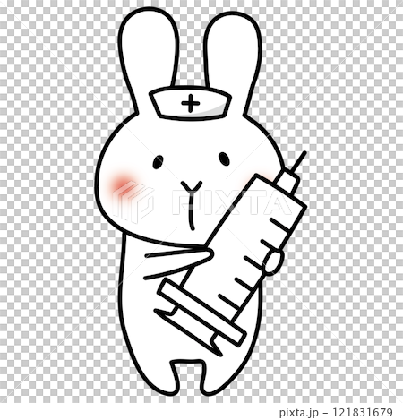 大きな注射器を持っているナースキャップをかぶった白いうさぎ 121831679