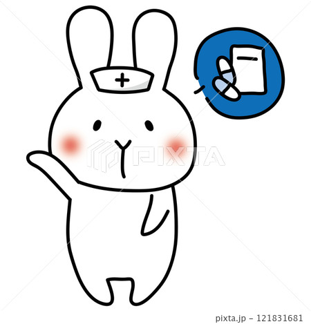 薬の説明をするナースキャップをかぶった白いうさぎ 121831681