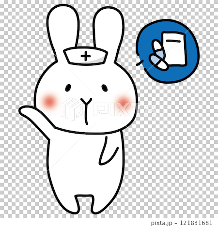 A white rabbit wearing a nurse's cap explaining medicine 121831681